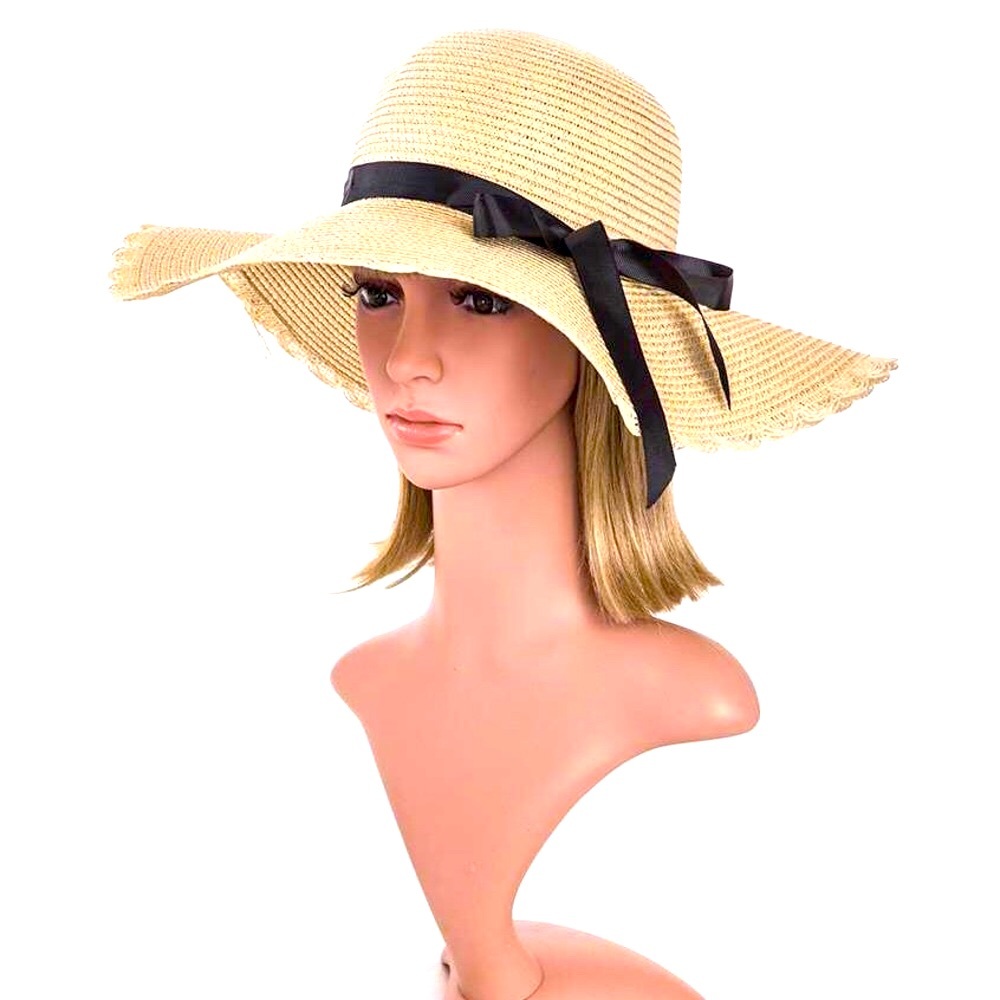 Tan & Black Scallop Edge Straw Floppy Hat Set